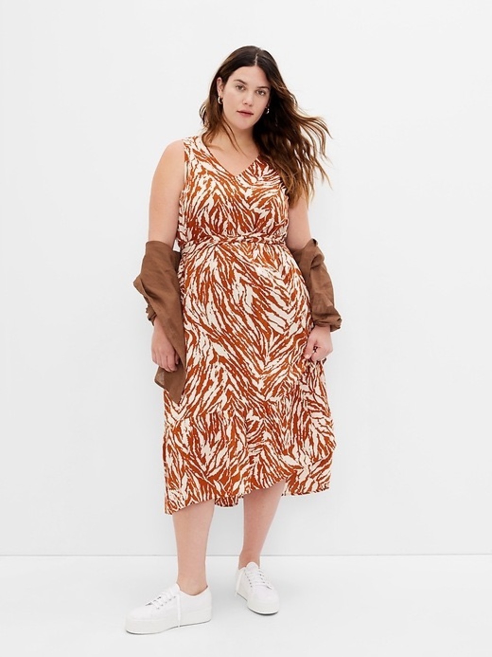 GAP Rust and White Printed V-Neck Midi Dress